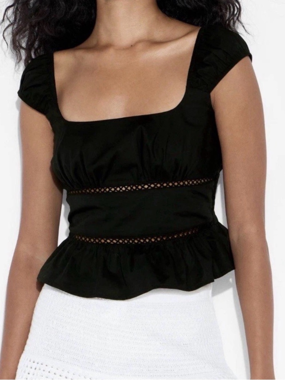 NWT S Wild Fable Women’s Black Poplin Peplum Tank Top Cap Sleeves Crochet Cutout